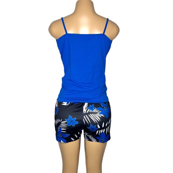 NWT Blue and Black Women Set Size L Stretchy Belt Short and Wrap Sleeveless Top - Picture 5 of 7